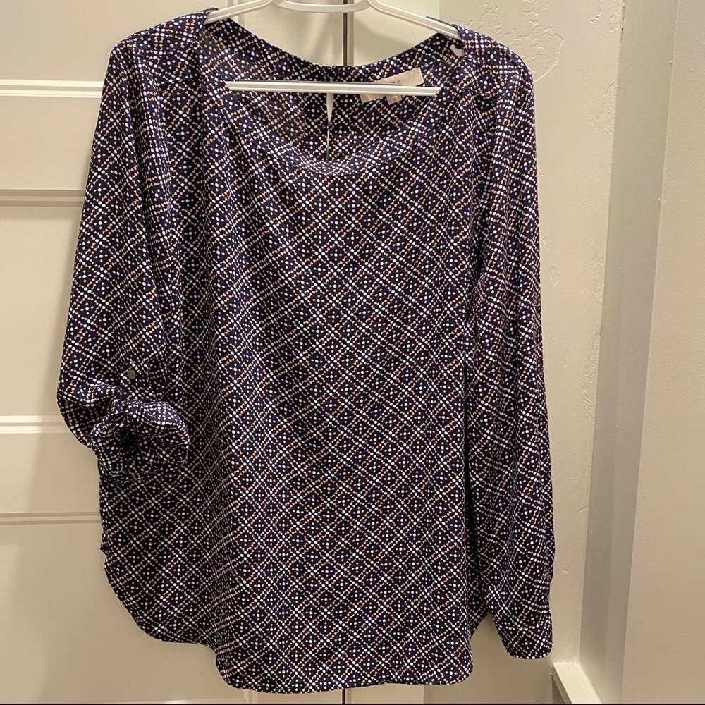 LOFT navy/pink/white geometric pattern top, size L